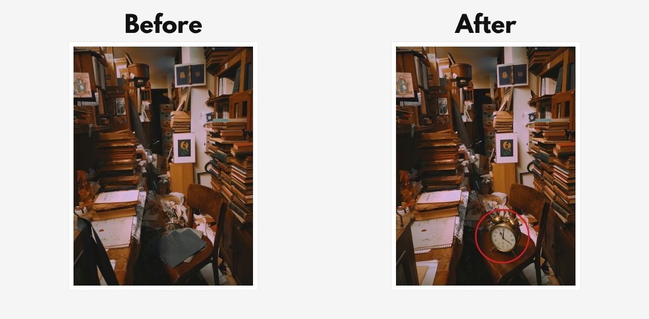 本が積まれた散らかった室内の写真(Before)と、椅子の上の青い袋を目覚まし時計に置き換えた写真(After)の比較