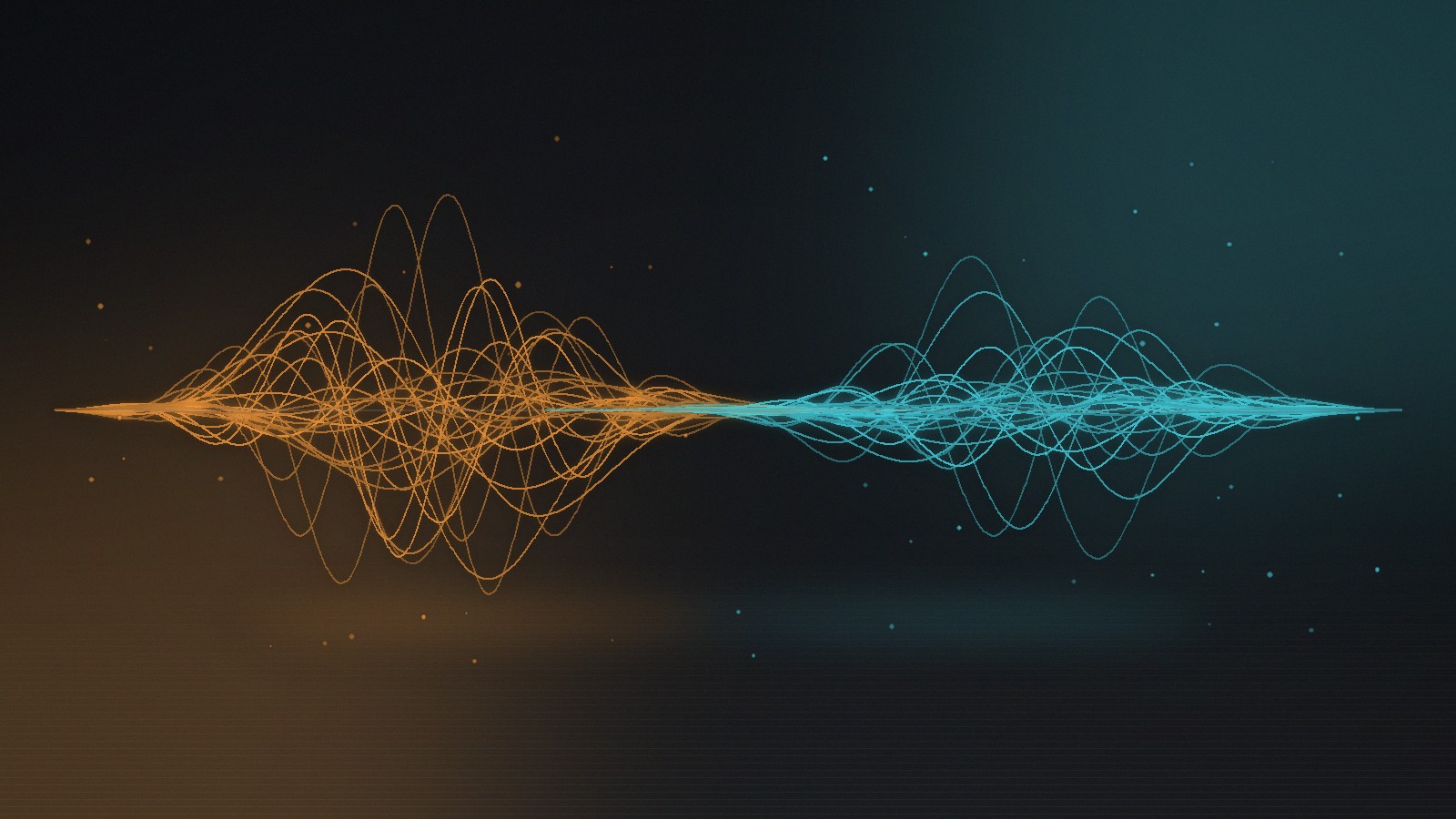 オレンジ色と水色の2つの音の波形が、中央で重なり合うイメージ